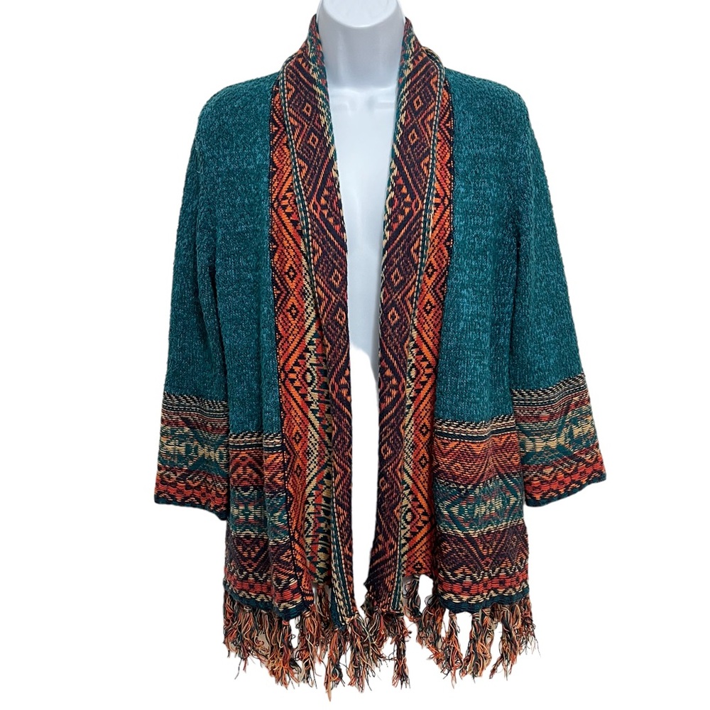 Ruby Rd. Teal Open-Front Cardigan with Multicolor Aztec Trim